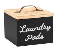 NIHUIFDPY Laundry Powder Bin & Dishwasher Pod Holder, Laundry Detergent Powder Storage Box with Lid & Handles, Wooden Dishwasher Tablets Bin for Home Organization and Storage 14x13x11cm(black)