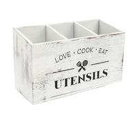 NIHUIFDPY Wooden Kitchen Utensil Holder 3 Compartments Utensil Caddy Organizer, Wood Silverware Holder, Farmhouse Utensil Caddy for Kitchen Countertop(white)