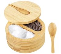 NIHUIFDPY Wooden Salt and Pepper Bowls Box, 2 Compartments Spice Seasoning Container with Built-in Spoon and Magnetic Swivel Lid, Kitchen Salt Container Holder for Spice Pepper Herbs Bath/Sea Salts