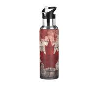 Niigeu Artistic Vintage Canada Flag Sport Water Bottle with Straw Thermos Stainless Steel Double Walled Insulated Vacuum Cup 600ML Tea