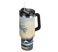 Niigeu Japanese Great Sea Wave Blue Water Bottle with Handle Stainless Steel Double Walled Insulated Vacuum Cup Sport Car Jug Flask
