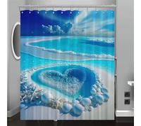 Niimoar Shower Curtain 100x180 cm,Blue Beach Heart,Anti-Mould, Water-Repellent,with 8 Hooks,Washable Polyester Fabric Bath Curtains,shower curtain for Bathroom