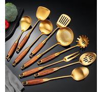 NIITAWH Gold Kitchen Utensils Set, 9 PCS 18/10 Stainless Steel Cooking tools Wood Handle, Solid and Slotted Spoon, Fork, Spatula, Ladle, Skimmer, Slotted Tunner, Spaghetti and Large Spoon