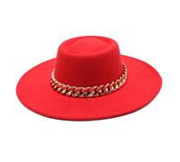 Niiyyjj Big Brim Fedora Hat Autumn Wool Thick Gold Chain Felted Jazz Cap Panama Church Derby Top Hat Red 56-58CM