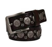 Niiyyjj Mens Hip Hop Round Rivet Cowboy Belt Genuine Leather Pin Buckle Belt Jeans Studded Belts Coffee 120cm