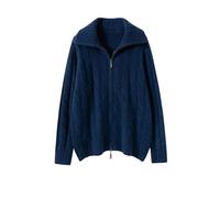 Niiyyjj Women's Thick Lapel Sweater Coat Cable Stitch Vintage Casual Zipper Cardigan Cashmere Knitted Pullover Navy Blue