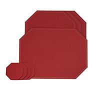 Nikalaz Octagon Placemats and Coasters Set of 4, Recycled Leather Place mats, Table mats, 4 placemats 40 * 30cm, 4 coasters 10 * 10cm (RED)