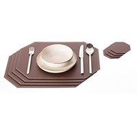 Nikalaz Octagon Placemats and Coasters Set of 4, Recycled Leather Place mats, Table mats, 4 placemats 40 * 30cm, 4 coasters 10 * 10cm (Brown)