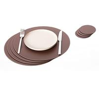Nikalaz Set of Round Placemats and Coasters, 4 Table Mats and 4 Coasters, 33 cm Diameter Place Mat and 10 cm Coaster, Recycled Natural Leather, Dining Table Decor (Brown)