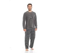 Nikaro Mens Stag Face Fleece Pyjamas Lounge Set with Crew Neck Top and Fair Isle Bottoms (M) Charcoal