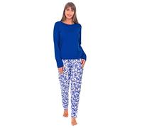 Nikaro Women's Long Sleeve Pyjamas 100% Cotton PJ Set with Navy Crew Neck Top and Floral Bottoms (20-22)