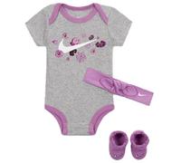 NIKE Baby Girls' Floral 3-Piece Set, Bodysuit, Headband, Booties, Grey/Lilac, 6-12 Months
