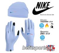 NIKE BEANIE HAT GLOVES SET BLUE LIGHT UNISEX WINTER RUNNING REFLECTIVE GLOVE