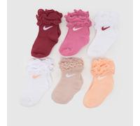 Nike Infant Ruffle Socks 6 Pack in Pink, White & Beige, Ruffled, Fabric, Size: 6-12 Months UK 6-12MTHS