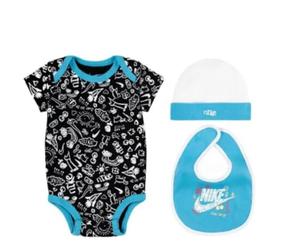 NIKE Just Doodle It Baby Gift Set, Bodysuit, Bib and Beanie, Black/Blue, 6-12 Months