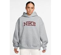 Nike Womens Studio Fleece Oversized Collegiate Logo Hoodie, Wolf Grey/Htr/Tough Red, Size M, Women Wolf Grey/Htr/Tough Red