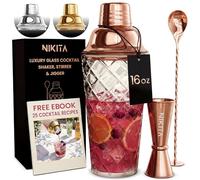 NIKITA by Niki Glass Cocktail Shaker Set, 5-Piece Martini Shaker & Bartender Kit with Bar Accessories Strainer, Jigger, Spoon & Muddler, Rose Gold 16oz Drink Mixer with Bartender Accessories