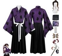 NIKKHO Anime Character Kokushibou Cosplay Costume Demon--Slayer Kimono Cloak Full Set Halloween Party Carnival Dress Up Suit with Wig Tattoo Stickers Keychain for Men Boys,Purple,XS