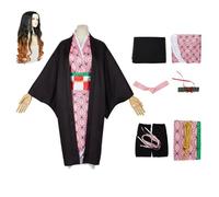 NIKKHO Demon Slayer Cosplay Set, Anime Character Kamado Nezuko Cosplay Kimono Set, Halloween Carnival Party Uniform, Wig Headdress Cloak Full Set,Black,XL