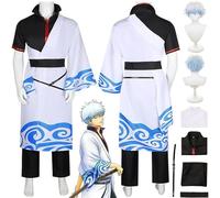 NIKKHO White,M,Anime Gintama Sakata Gintoki Cosplay Costume Uniform White Cloak Top Outfit Role Paly Pants Full Set Halloween Carnival Party Dress Up Suit with Wig for Men Boys
