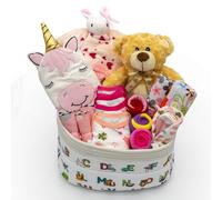 Nikki's Gift Baskets Joyful Arrival Deluxe Baby Girl Baby Layette Set with 20-Piece Premium New Baby Essentials & Canvas Diaper Tote, Baby Set for Expecting Moms & Baby Showers, Pink