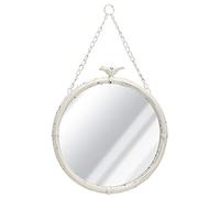 NIKKY HOME 11 Inch Decorative Small Hanging Mirrors Vintage Rustic Round Metal Framed Wall Mounted Mirror Decor with Bird for Bathroom Living Room Office, Rustic White