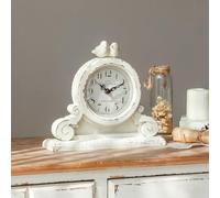 NIKKY HOME Vintage Mantel Table Clock with 2 Birds, Silent Non-Ticking Battery Operated Desk Shelf Rustic Wooden Clock for Living Room Decor - Distressed White
