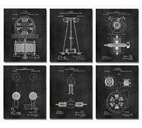 Nikola Tesla Gifts for Engineers Steampunk Wall Decor SIX (8"x10") Unframed Wall Art Patent Prints Industrial Artwork Home Decor - Electrical, Coil, Nerd, Geek, Science, Physics Decorations