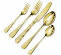 Nikou Vintage Carved Floral Gold Silverware Set, 24-Piece Golden Cutlery Set Including Spoons, Forks, and Knives for Kitchen and Restaurant, Gold-Plated Flatware Set