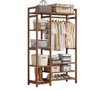 NIKSHI Bamboo Clothes Rail, Stand Freestanding Coat Garment Rack with Hanging Rod, 2 Shelves and Hooks, Open Wardrobe Clothing Hanger Storage Organiser for Bedroom Hallway,dark brown-100x30x150cm