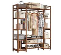 NIKSHI Bamboo Clothes Rail, Stand Freestanding Coat Garment Rack with Hanging Rod, 2 Shelves and Hooks, Open Wardrobe Clothing Hanger Storage Organiser for Bedroom Hallway,dark brown-130x30x150cm
