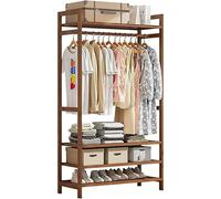 NIKSHI Bamboo Clothes Rail, Stand Freestanding Coat Garment Rack with Hanging Rod, 2 Shelves and Hooks, Open Wardrobe Clothing Hanger Storage Organiser for Bedroom Hallway,dark brown-90x30x150cm