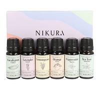 Nikura Starter Kit Essential Oil Gift Set - 6 x 10ml | Essential Oil for Diffuser for Home, Aromatherapy, Strong Fragrance, Sleep | Eucalyptus, Lavender, Lemongrass, Sweet Orange, Peppermint, Tea Tree