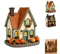 Nikyrme LED Lighted Fall Pumpkin Village House Hand-Painted Pumpkin Cottage Ornament Warm Glow Mantel Shelf Tabletop Centerpiece (Light Green Cottage) (A)