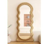 Nileco Wavy Full Length Mirror with Stand, Irregular Floor Mirror Flannel Wrapped Wooden Frame, Dressing Body Mirror Leaning Against Wall for Cloakroom/Bedroom/Living Room(160x60cm(63"x24"), Khaki)