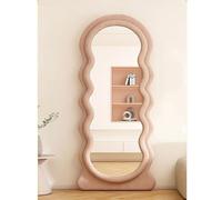 Nileco Wavy Full Length Mirror with Stand, Irregular Floor Mirror Flannel Wrapped Wooden Frame, Dressing Body Mirror Leaning Against Wall for Cloakroom/Bedroom/Living Room(160x50cm(63"x20"), Pink)