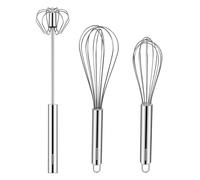 NileHome Stainless Steel Whisk Set 8" 10" Hand Blender + 12" Semi-Automatic Rotary Kitchen Whisk Kitchen Wisk Wire Whisks for Cooking, Whisking, Blending, Beating, Stirring- 3 Pack...