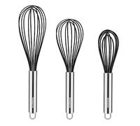 NileHome Whisk Commercial Whisks Stainless Steel & Silicone Non-Stick Coated Small Whisk Set 8" 10" 12" Kitchen Wisk Wire Whisks for Cooking 3 Pack, Black