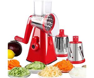 NILICAN Manual Rotary Potato Grater Kitchen Mandoline Vegetable Slicer，with 3 Interchangeable Blades，Easy to use (Red)