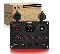 Nilight 5 Gang Multi Function Rocker Switch Backlit Dual USB Charger, Digital Voltmeter, 12V Outlet Pre-Wired Switch Panel with Inline Fuse for RVs Cars Boats Trucks Trailers, Red (90124E)