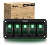 Nilight 5 Gang Rocker Switch Panel 5Pin On Off Toggle Switch Aluminum Holder 12V 24V Dash Pre-Wired Green Backlit Switches for Automotive Cars Marine Boats RVs Truck