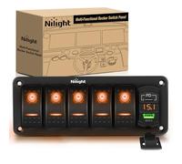 Nilight 5 Gang Rocker Switch Panel with PD Type C and USB Charger Voltmeter 12V SPST ON Off Switch Panel with Orange Backlit Waterproof Aluminum Rocker Switch for Boats, Cars, RVs, Trucks