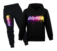 NILKOOZ Boys Tracksuit Letter Printed Hoodie and Pants 2pcs Kids Sweatshirt Clothing Set for 1-13 Years PH1342A-Black-140cm