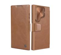 Nillkin Flip Case Compatible with Samsung Galaxy S24 Ultra 5G (6.8 inch), [Camera Protection] PU Leather Case with Lens Kickstand and Magnetic Buckle, Protective Cover for Samsung S24 Ultra, Brown