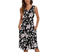 NILOUFO Womens Summer Casual Dresses Sleeveless V Neck Midi Dress with Pockets, A:pink Flower Black, M