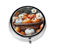 Nimbisense Autumn Pumpkin Print Pill Box, Small Pill Organizer with 3 Compartments, Cute Round Portable Travel Metal Pill Case for Pocket Or Purse