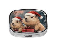 Nimbisense Christmas Capybaras Print Pill Box, Small Pill Organizer with 2 Compartments, Cute Portable Travel Metal Pill Case for Pocket Or Purse