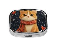Nimbisense Christmas Cat Print Pill Box, Small Pill Organizer with 2 Compartments, Cute Portable Travel Metal Pill Case for Pocket Or Purse