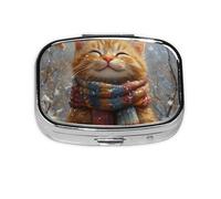 Nimbisense Christmas Cat Print Pill Box, Small Pill Organizer with 2 Compartments, Cute Portable Travel Metal Pill Case for Pocket Or Purse