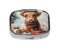 Nimbisense Christmas Highland Cow Print Pill Box, Small Pill Organizer with 2 Compartments, Cute Portable Travel Metal Pill Case for Pocket Or Purse